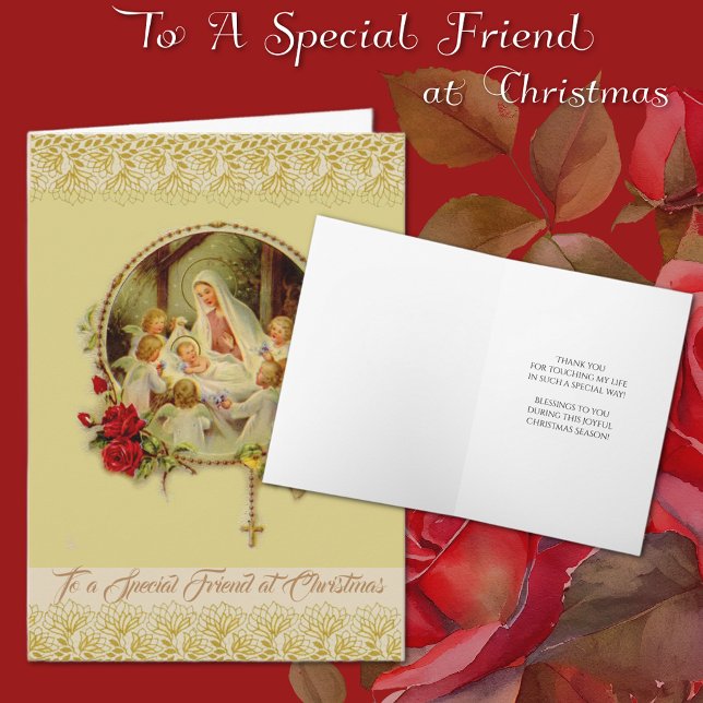 Religiösa Speciell vän vid jul Helgkort (Christmas Vintage Catholic Friendship Card with holy rosary and Virgin Mary & Jesus)