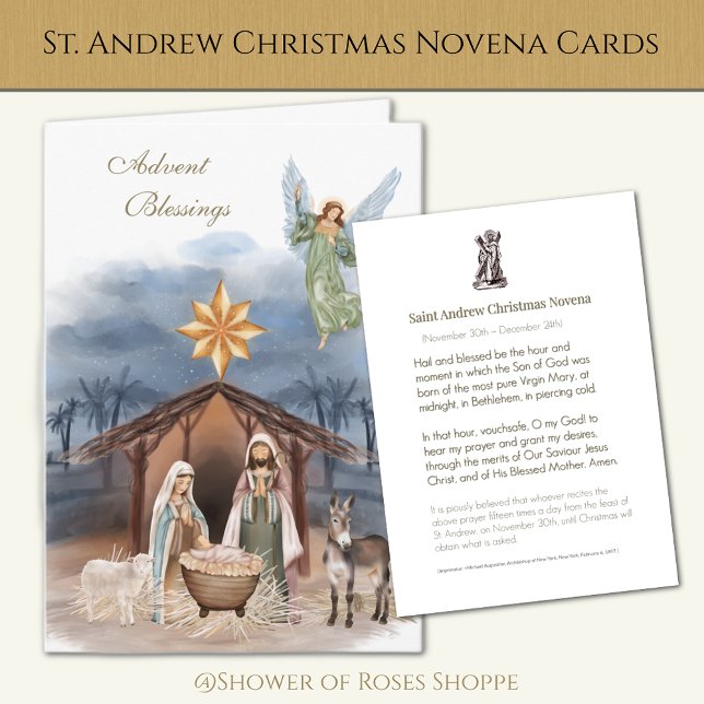 Religiösa St. Andrew jul Novena Prayer Helgkort (Watercolor Nativity Scene with St. Andrew Christmas Novena inside. )