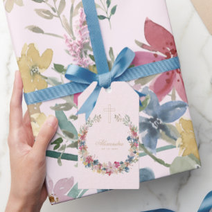 Religiösa vackra fältblommor guld färg presentetikett