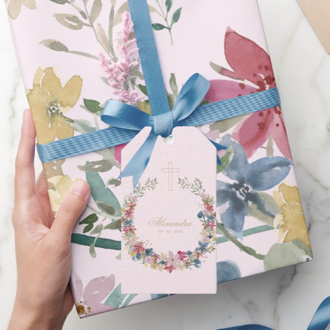 Religiösa vackra fältblommor guld färg presentetikett (Skapare uppladdad)