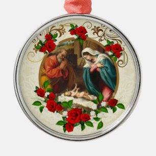 RELIGIÖSA VINTAGE NATIVITY JESUS CERAMIC ORNATION JULGRANSPRYDNAD METALL