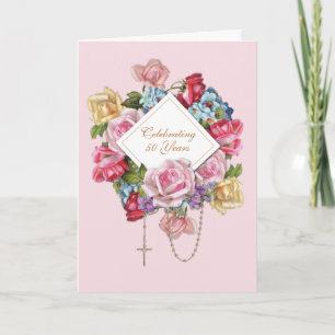 Religiösa Vintage Rosor Rosenkrans Blommig Katolsk Kort