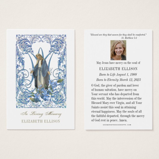 Religiösa Virgin Mary Blommigt Funeral Prayer Card Visitkort (Framsida & baksida)