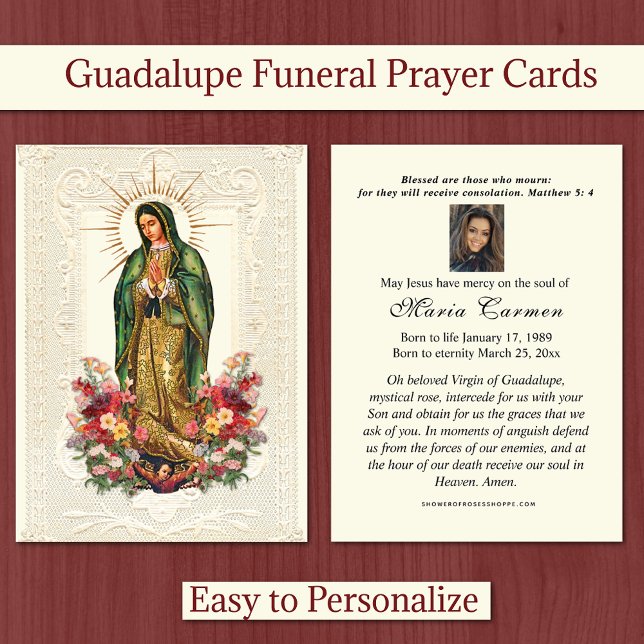 Religiösa Virgin Mary Funeral Guadalupe Placeringskort (Catholic Our Lady of Guadalupe Funeral Prayer Cards - Easy to personalize! )