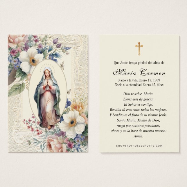 Religiösa Virgin Mary Funeral Memorial Prayer Visitkort (Framsida & baksida)