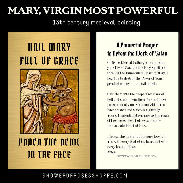 Religiösa Virgin Mary Prayer Slår Djävulen Placeringskort (Skapare uppladdad)