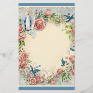 Religiösa Virgin Mary Rosa ros Blue Birds Brevpapper