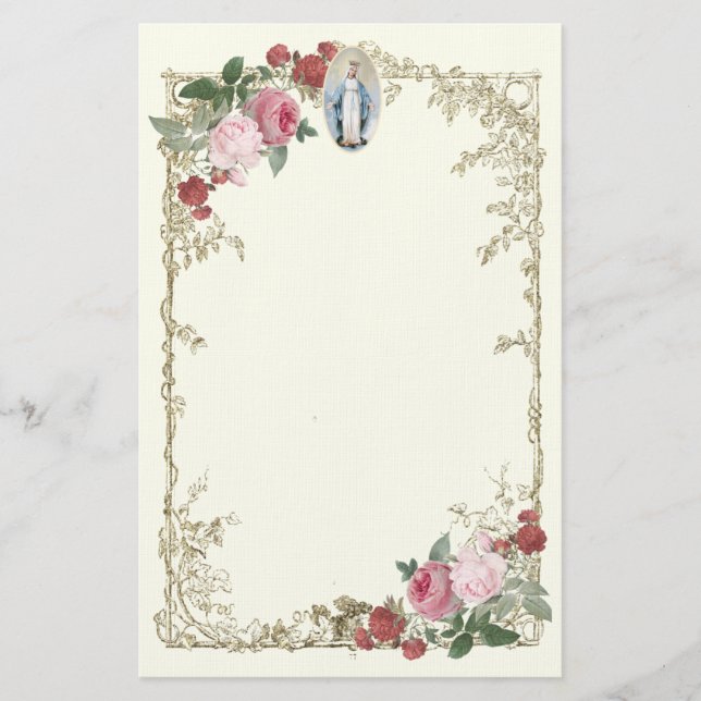 Religiösa Virgin Mary Rosa ros Vintage Flowers Brevpapper (Framsida)