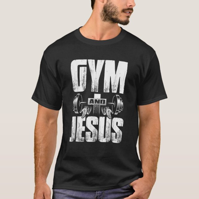 Religiösa Workout Gym Jesus Barbell Lyftvikt T Shirt (Framsida)