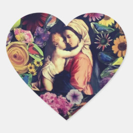 Religiösan Blsed Virgin Mary Jesus Ro Flowers Hjärtformat Klistermärke