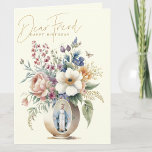 Religiösan FRIEND Grattis på födelsedagen Blommigt Tack Kort<br><div class="desc">En DEAR FRIEND med vackra blommor i vas och en traditionell katolsk bild av den välsignade Jungfru Mary,  Vår Dam av Grace,  har ett religiösa födelsedagskort. En skriptversa är på insidan med blommorna och rosaren. Alla texter och typsnitt kan ändras.</div>