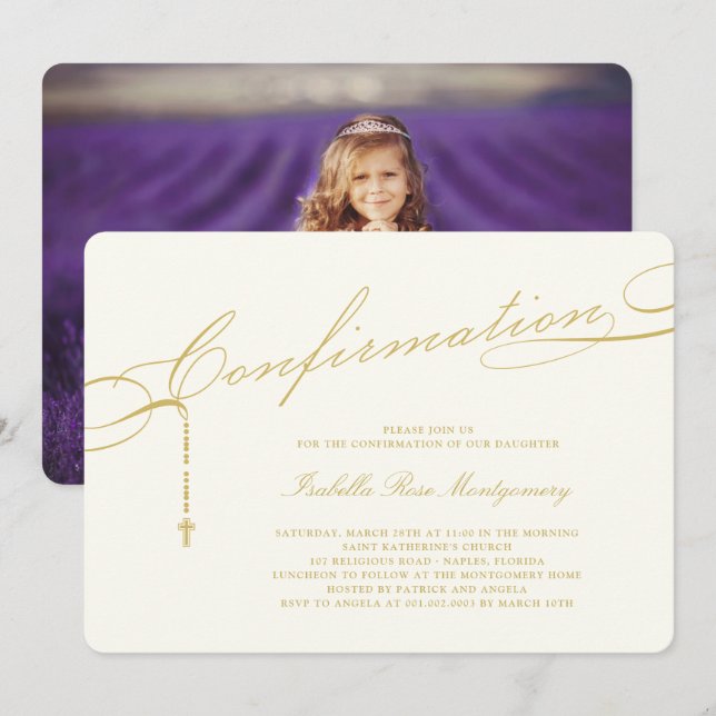 Religiösan guld Classic Script Rosary Confirmation Inbjudningar (Fram/baksida)