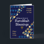 Religiösan HANUKKAH BLESSINGS Dreidel Menorah Star Helgkort<br><div class="desc">Snyggt blue och guld GREETING CARD att önska er familj och vänner en Lycklig Hanukkah, som säger att ÖNSKAR ER BÄSTA AV HANUKKAH BLESSINGS I vit typografi med FAMILY, FRIENDS & ROLIGT och FRED, KÄRLEK & JOY i cyan blue typografi i hörnen. Detta ställs mot bakgrund av stjärnor av guld-färgad...</div>