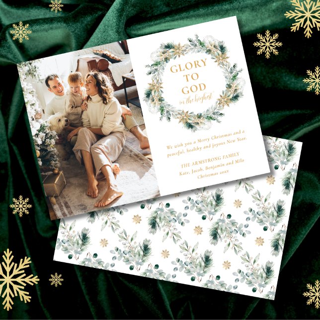 Religiösan Modern Guld Winter Greenery - jul Julkort (Glory to God religious Christmas card with winter greenery and family photo.)