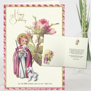 Religiöst barns födelsedag Jesus med lamm rosor Kort