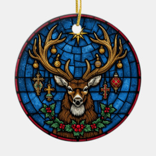 Religiöst glasmålade hjortar & kors julgransprydnad keramik