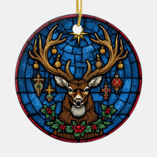 Religiöst glasmålade hjortar & kors julgransprydnad keramik (Framsidan)