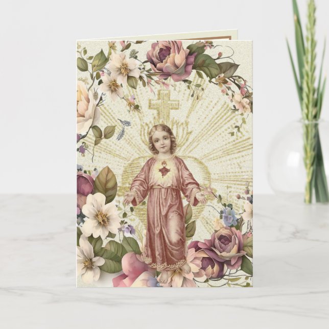 Religiöst Heliga Hjärtat Jesus Blommig Skrift Kort (Framsida)