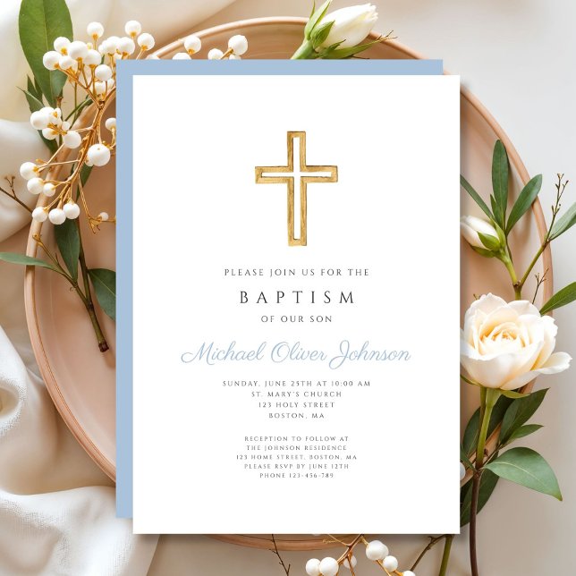Religiöst kors Babyblå Script Pojke Dop Inbjudningar (Religious Cross Baby Blue Script Boy Baptism Invitation)