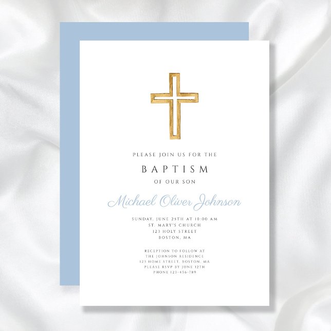 Religiöst kors Babyblå Script Pojke Dop Inbjudningar (Religious Cross Baby Blue Script Boy Baptism Invitation)