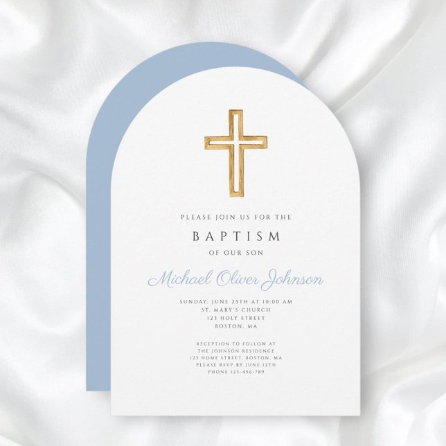 Religiöst kors babyblå script pojke dopbåge inbjudningar (Religious Cross Baby Blue Script Boy Baptism Arch Invitation)