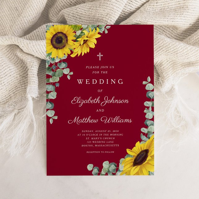Religiöst kors burgunderröd blommig solros bröllop inbjudningar (Religious Cross Burgundy Floral Sunflower Wedding Invitation)