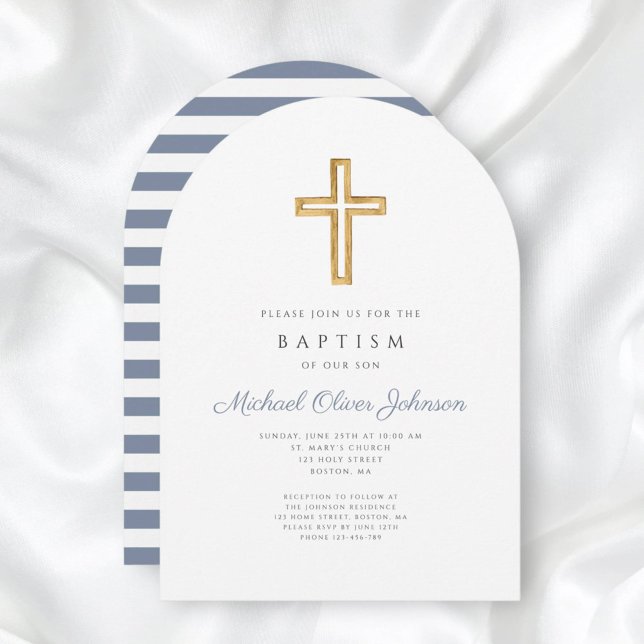 Religiöst kors dammig blå randig pojke dopbåge inbjudningar (Religious Cross Dusty Blue Stripe Boy Baptism Arch Invitation)