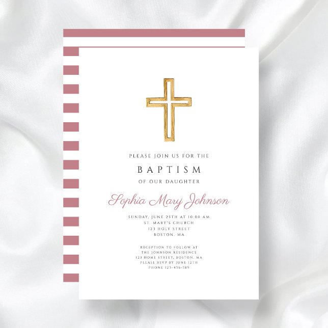 Religiöst kors dammig rosa ränder flicka dop inbjudningar (Religious Cross Dusty Pink Stripes Girl Baptism Invitation)