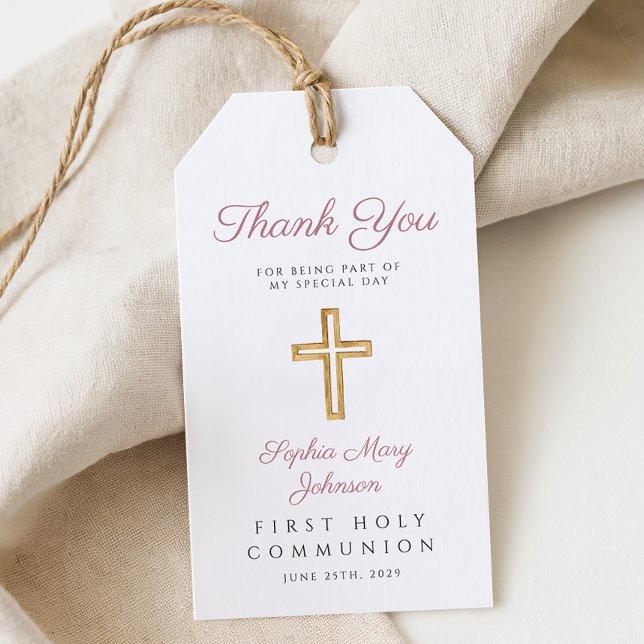 Religiöst kors flicka rosa första kommunion  presentetikett (Religious Cross Girl Pink First Communion Gift Tags)
