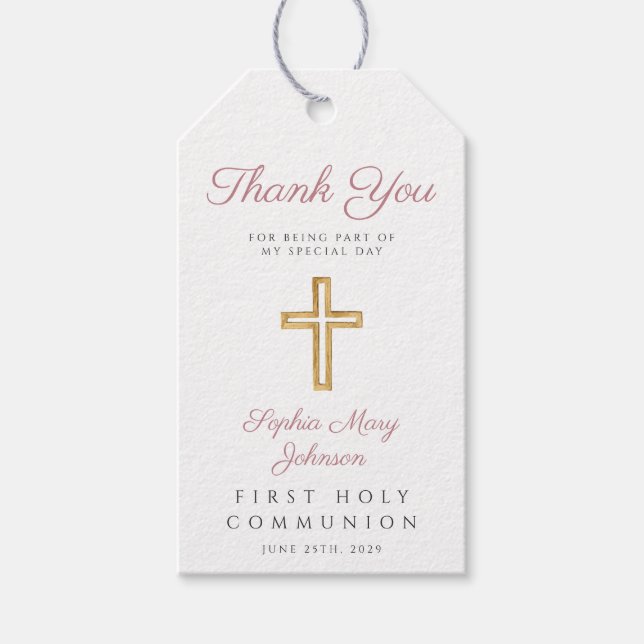 Religiöst kors flicka rosa ränder första kommunion presentetikett (Framsidan)