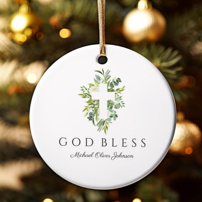 Religiöst kors grön botanisk Gud välsigna dop Julgransprydnad Keramik (Skapare uppladdad)