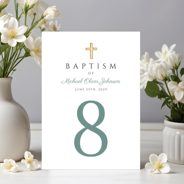 Religiöst kors grön pojke dop bordsnummer (Religious Cross Green Boy Baptism Table Number)