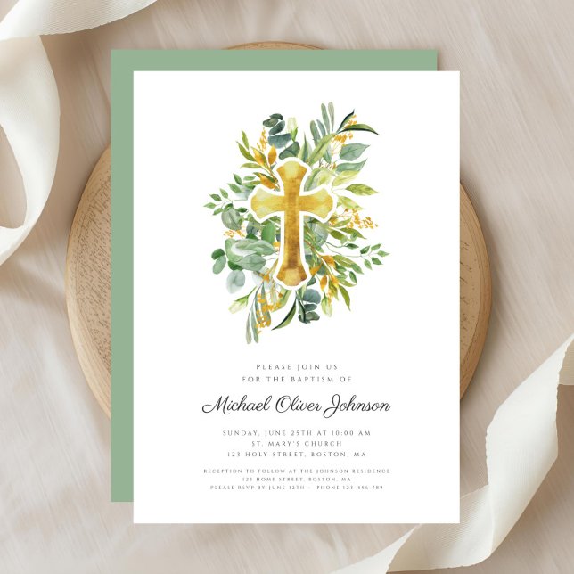 Religiöst kors grönska botanisk dop inbjudningar (Religious Cross Greenery Botanical Baptism Invitation)