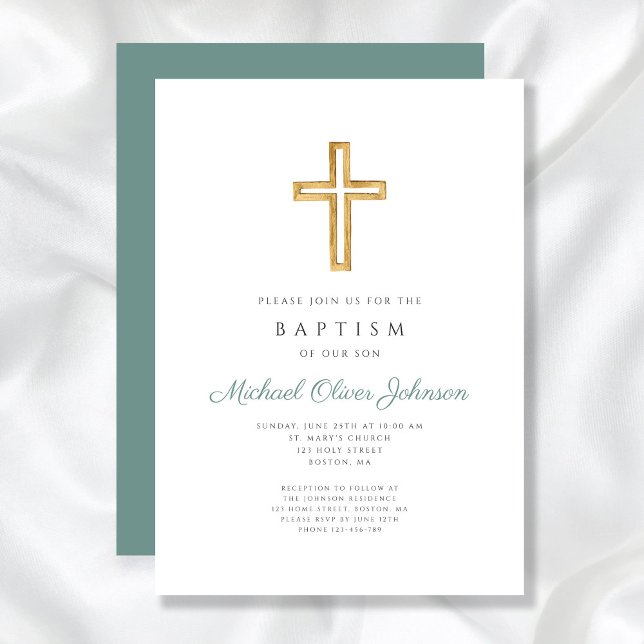Religiöst kors grönt manus pojke dop inbjudningar (Religious Cross Green Script Boy Baptism Invitation)