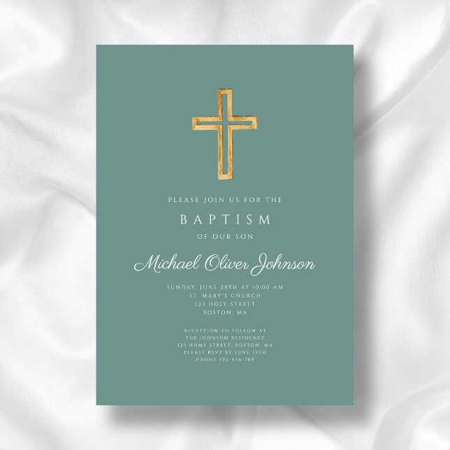 Religiöst kors grönt manus pojke dop inbjudningar (Religious Cross Green Script Boy Baptism Invitation)