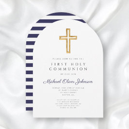 Religiöst kors marinblå pojke första kommunion båg inbjudningar
