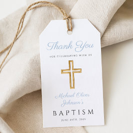 Religiöst Kors Pojke Babyblå Dop Presentetikett