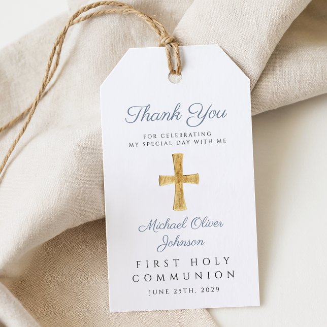 Religiöst kors pojke blå första kommunion  presentetikett (Skapare uppladdad)