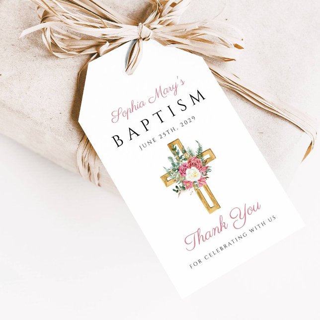 Religiöst kors Rosa blommig flicka Dop Tack Presentetikett (Religious Cross Pink Floral Girl Baptism Thank You Gift Tags
)