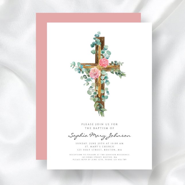 Religiöst kors Rosa Blommig Flickas Dop Inbjudningar (Religious Cross Pink Floral Girl Baptism Invitation)