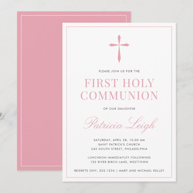 Religiöst kors, rosa enkelt och elegant inbjudningar (Fram/baksida)