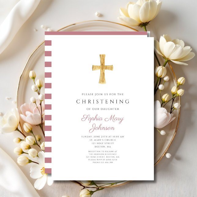 Religiöst kors rosa ränder flicka dop      inbjudningar (Religious Cross Pink Stripes Girl Christening Invitation)