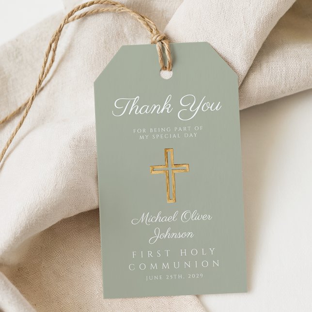 Religiöst kors Sagegrön Första kommunion  Presentetikett (Religious Cross Sage Green First Communion Gift Tags)