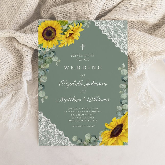 Religiöst kors Sälggrön spets Solros Bröllop Inbjudningar (Religious Cross Sage Green Lace Sunflower Wedding Invitation)