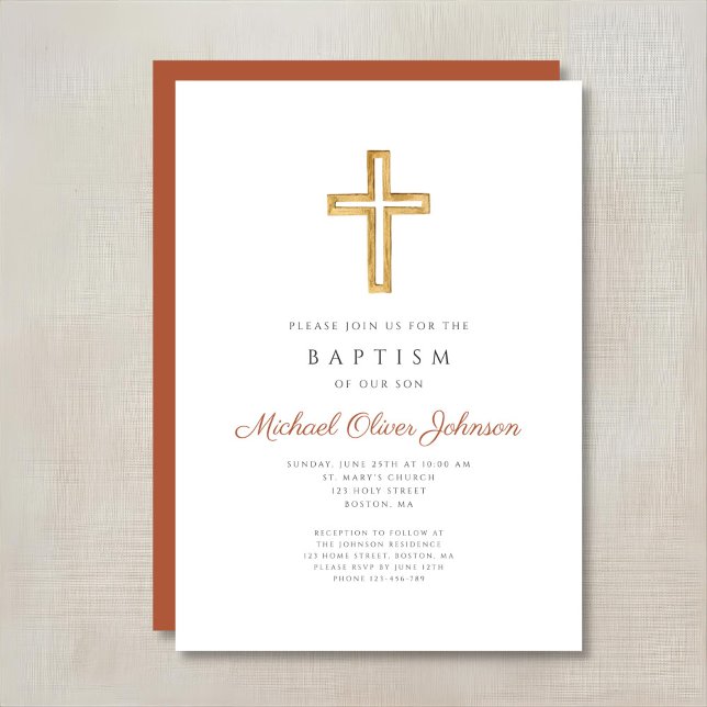 Religiöst kors Terrakotta Skrift Dop Inbjudningar (Religious Cross Terracotta Script Baptism Invitation)