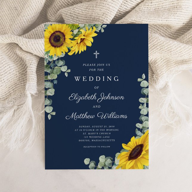 Religiöst Navyblått Blommigt Solros Bröllop Inbjudningar (Religious Navy Blue Floral Sunflower Wedding Invitation)