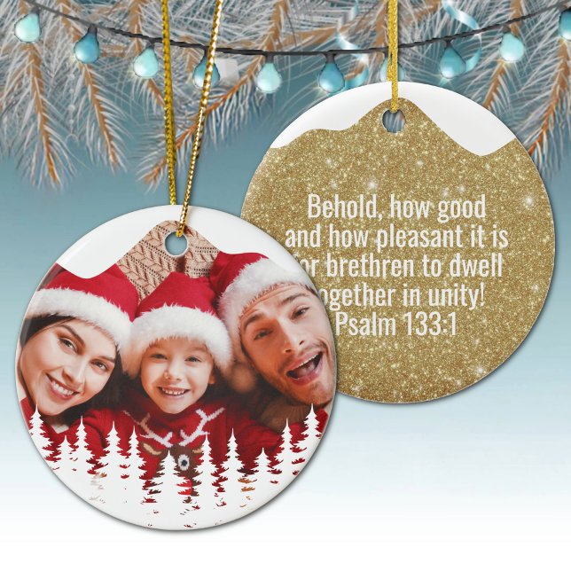 Religious Christian Scripture Divine Passage ⛪️ 🎄 Julgransprydnad Keramik (Custom image God Gospel Psalm 133:1 Religious Holiday Ceramic Devotional Ornament golden sparkle 🌲✞)