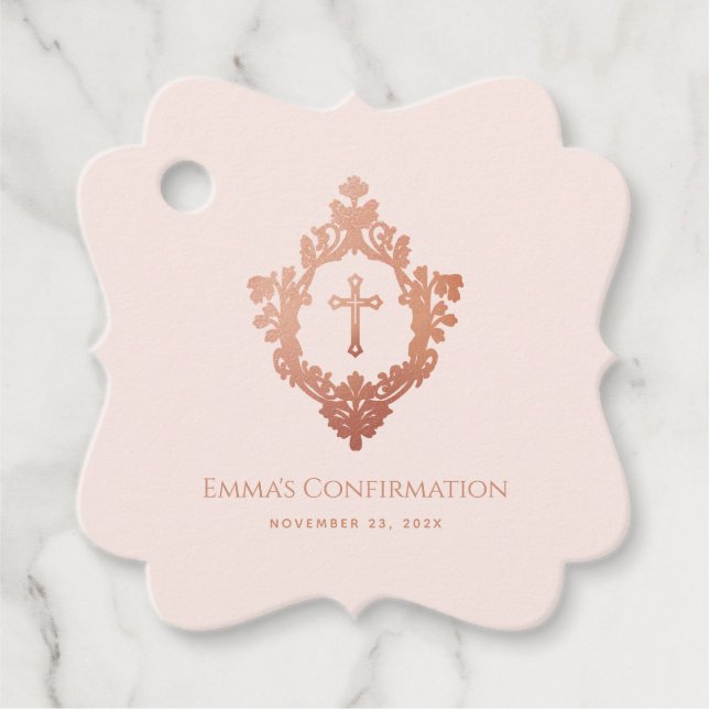 Religious Confirmation Girl Pink Cross in Crest Gåvor Etiketter (Framsida)