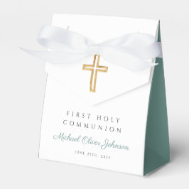 Religious Cross Boy Green First Communion Presentaskar