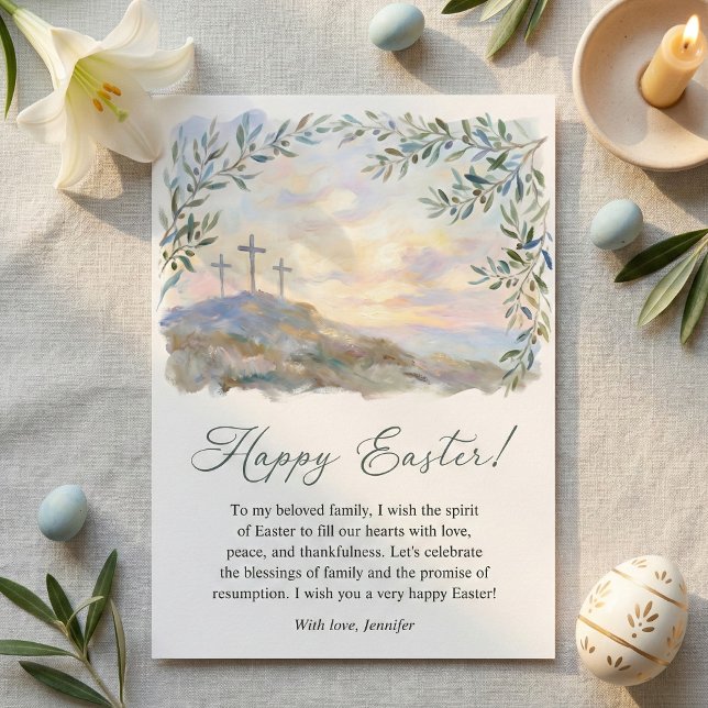 Religious Easter Cross Watercolor Christian Julkort (The inside message can be personalized with your own Easter blessing, scripture, or family note)